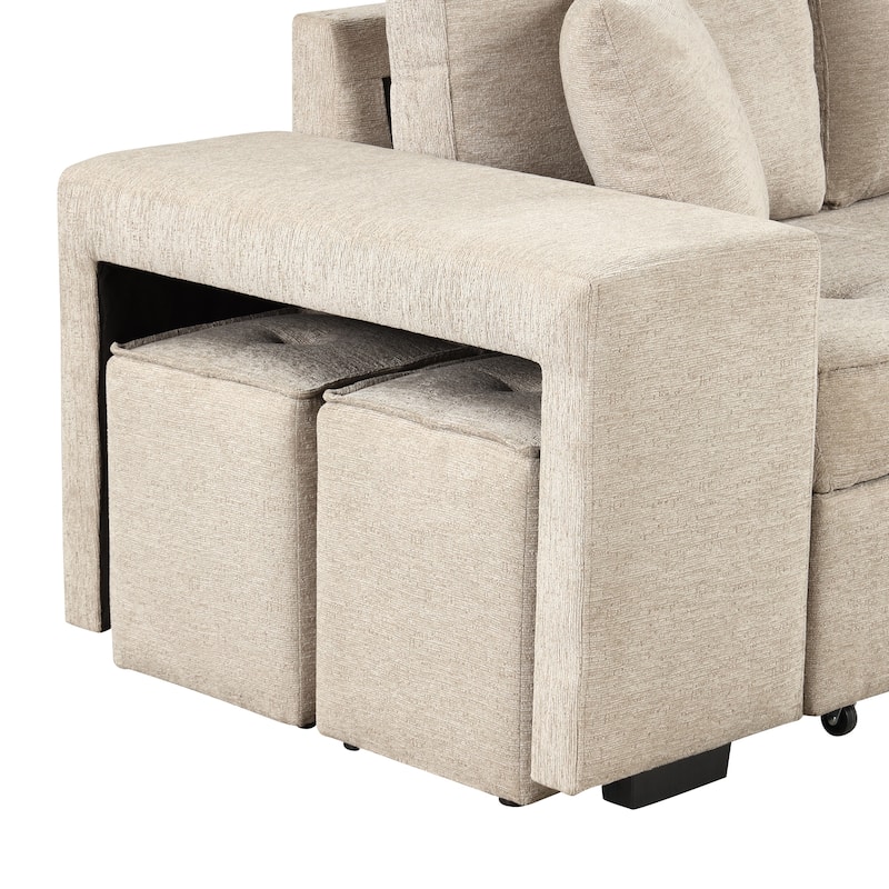 Brown 104.5" Charcoal L-Shaped 3-Seater Convertible Sofa with Pull-Out Bed, Storage Chaise, and 2 Convenient Stools