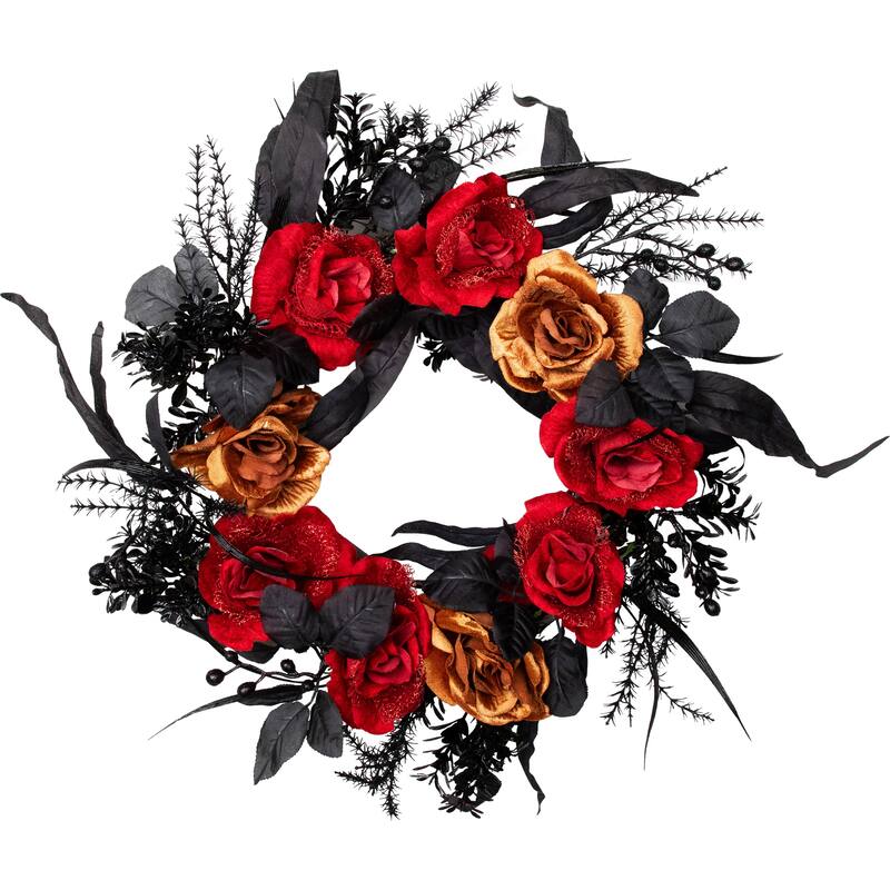 Roses with Mixed Foliage Halloween Wreath - 22" - Red and Gold - Unlit
