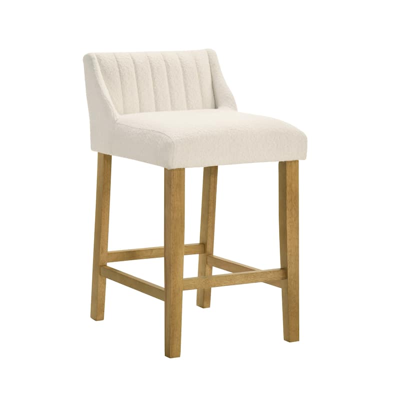 Fauna Low-Back Boucle Bar Stool, Upholstered Counter Height Kitchen Barstool with Wood Legs