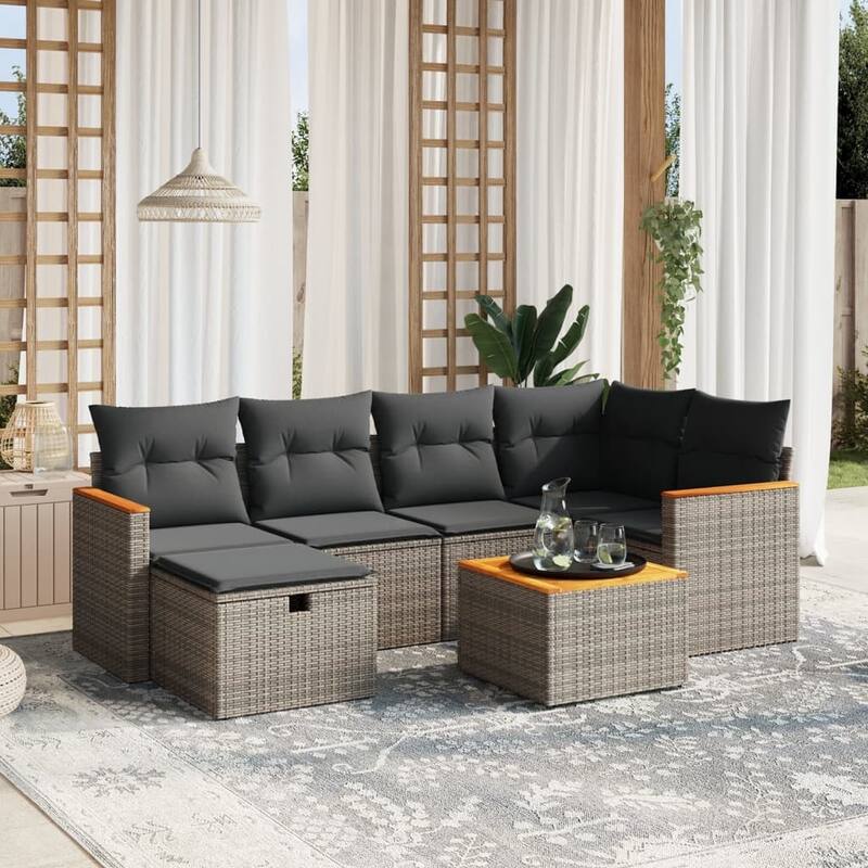 vidaXL Patio Sofa Set with Cushions Outdoor Conversation Furniture Poly Rattan - Gray with table - 24.4 x 24.4 x 27.2 in