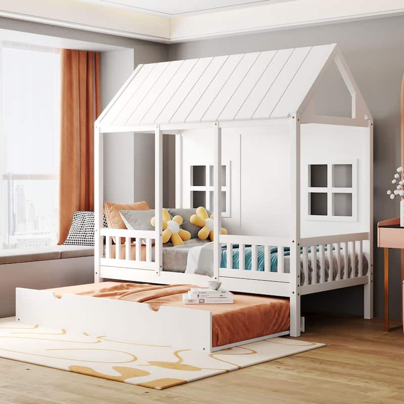Twin House Bed with Trundle and Playhouse Design, 400lb Capacity, Solid Wood Frame - White