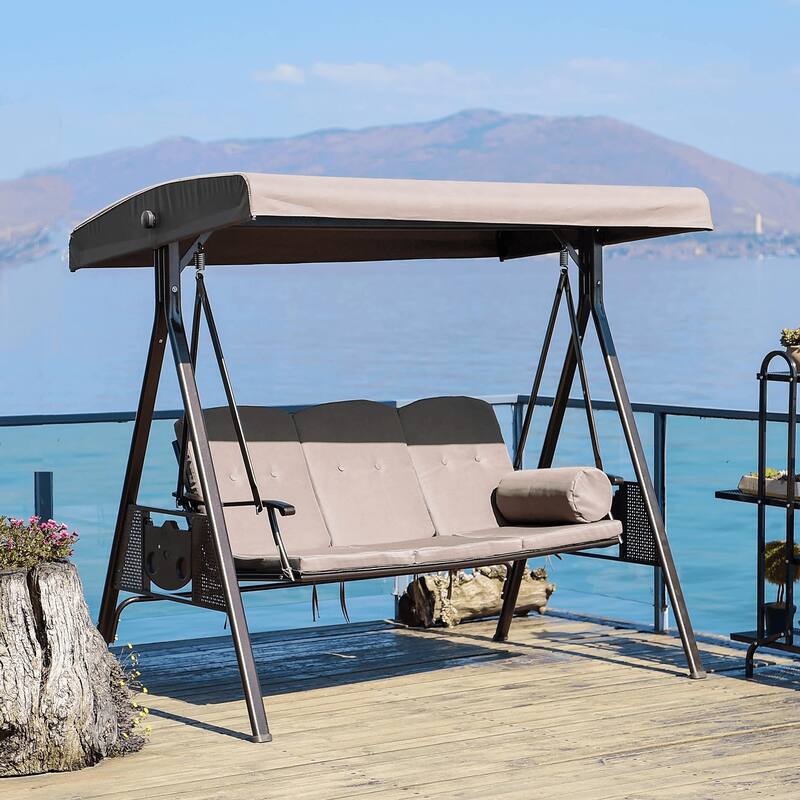 PURPLE LEAF Khaki Deluxe Outdoor Patio Porch Swing with Weather Resistant Steel Frame, Cushions and Pillow Included