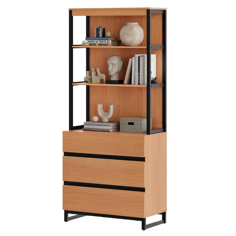 WAMPAT Modern 72" Tall Bookcase with Drawers and Open Book Shelfs, Library Book Shelf for Home Office, Living Room