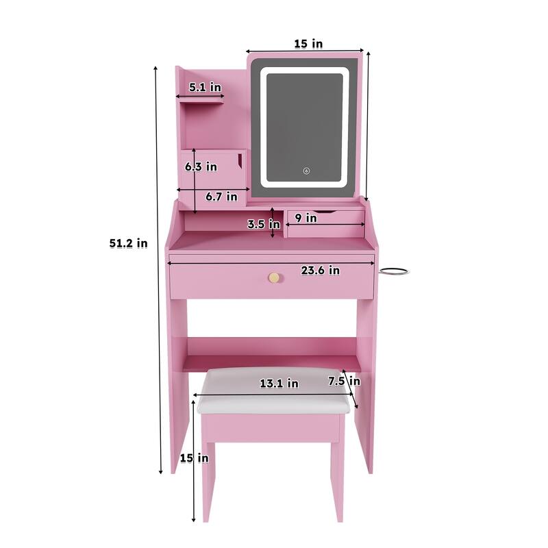 3-Color LED Vanity Mirror with Stool, Pink Dressing Table for Bedroom, 2 Drawers & 5 Storage Cabinets (4 Open + 1 Hidden)