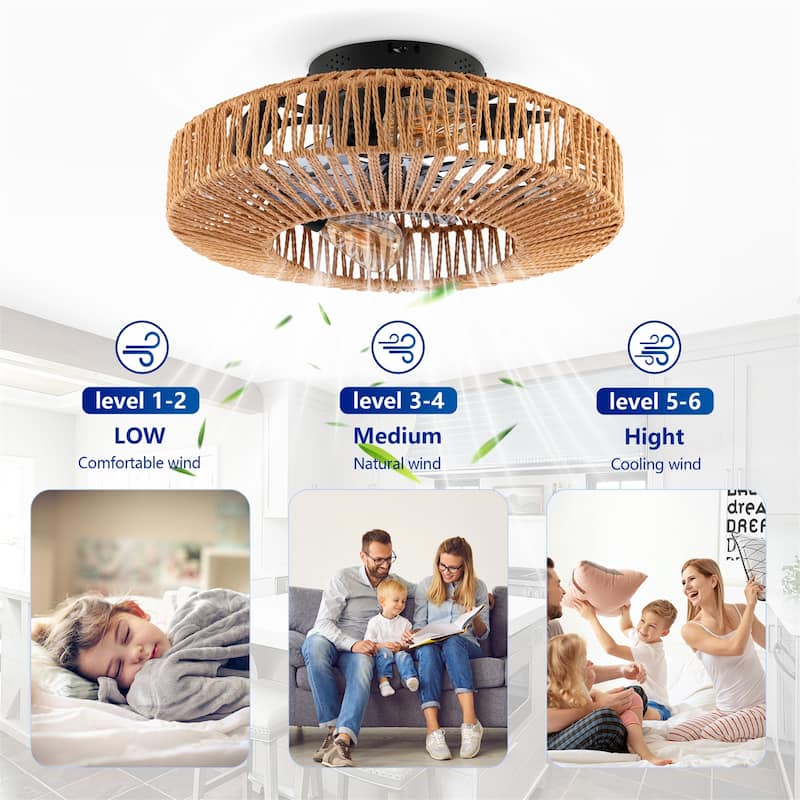 20" Rope Caged Ceiling Fans with Remote and Low Profile Chandelier 6 Speed, NOT Included Bulbs