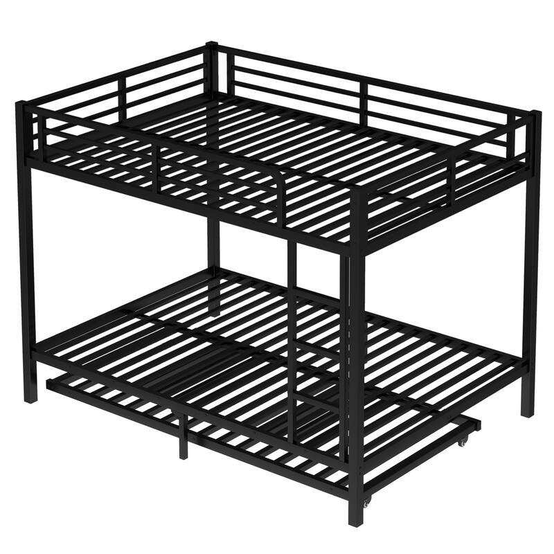 Roomfitters Twin/Full Metal Bunk Bed with Twin Trundle, Space-Saving Design for Teens & Adults, Black
