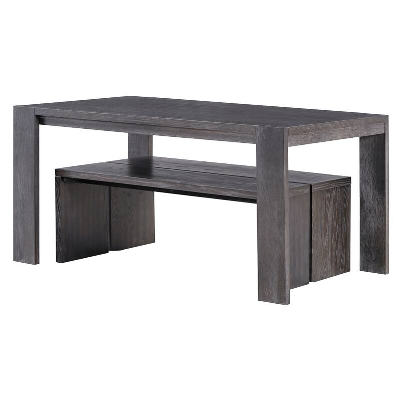 3-piece Farmhouse Style Simple Dining Set, Dining Table and 2 Benches, for Dining Room, Kitchen and Living Room