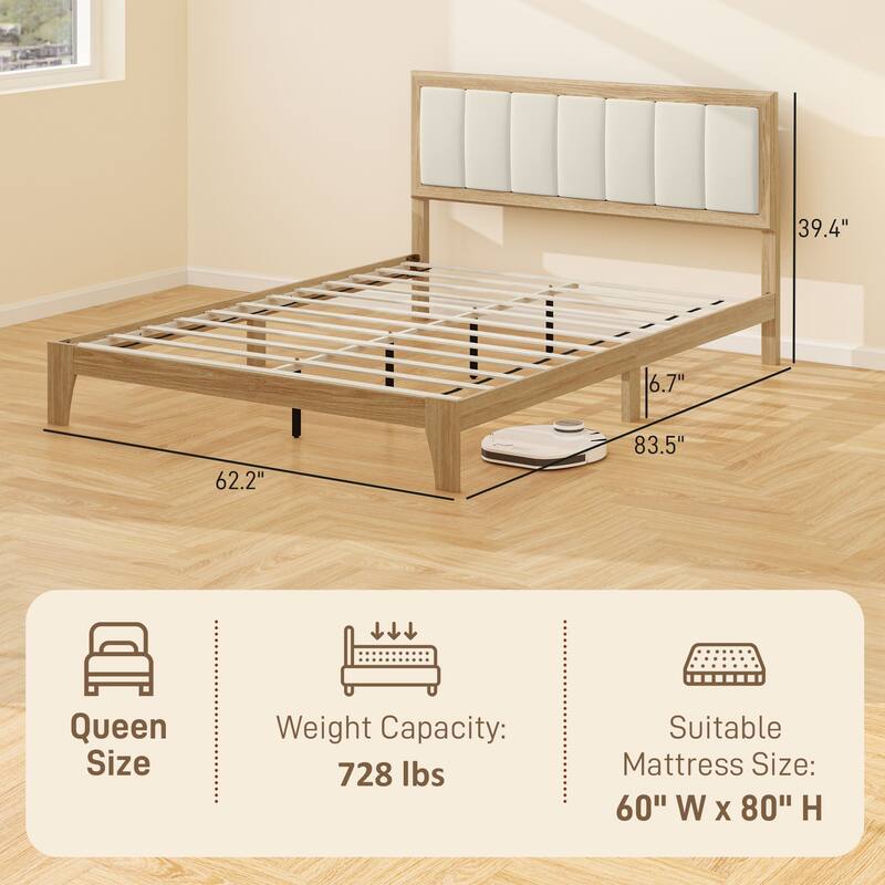 HOMCOM Queen Size Bed Frame with Upholstered Headboard, Platform Bed Frame with Wooden Slats, No Box Spring Needed