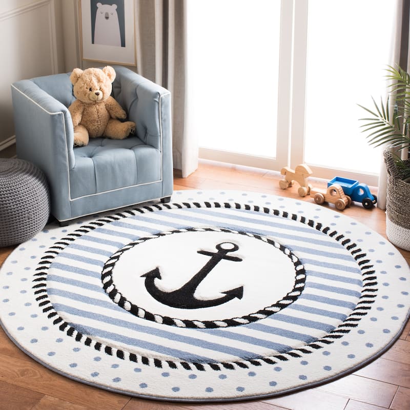 SAFAVIEH Carousel Kids Sybill Nautical Anchor Rug - 3' Round - Ivory/Navy
