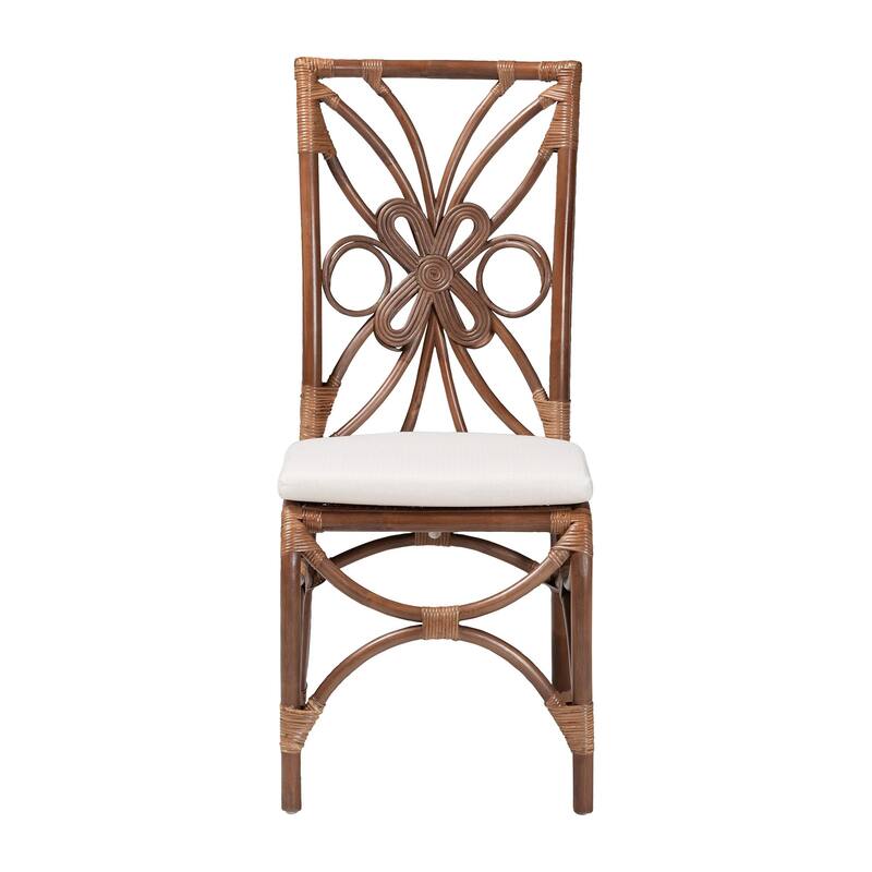Brama Natural Rattan Dining Chair with Decorative Backrest and Cushioned Seat, Boho Coastal Style Seating for Dining Room