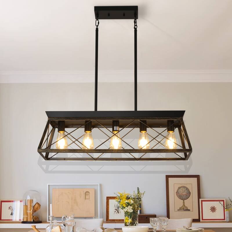 32" Industrial 5-Light Pendant Chandelier, Modern Metal Cage Design, Adjustable Hanging Light for Dining Room (No Bulbs)