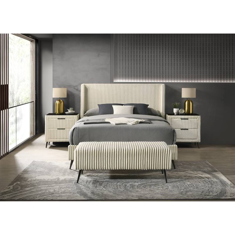 Queen Size Upholstered Panel Bed Set with 2 Nightstands and Storage Bench - Cream