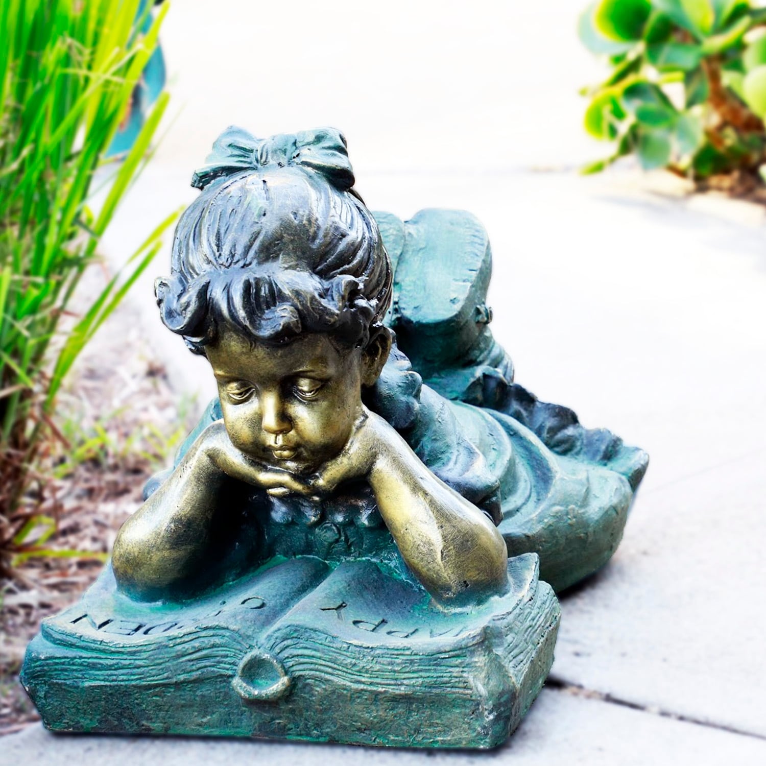 Alpine Corporation 16" Tall Indoor/Outdoor Girl Laying Down Reading Book Statue Set Yard Art Decoration