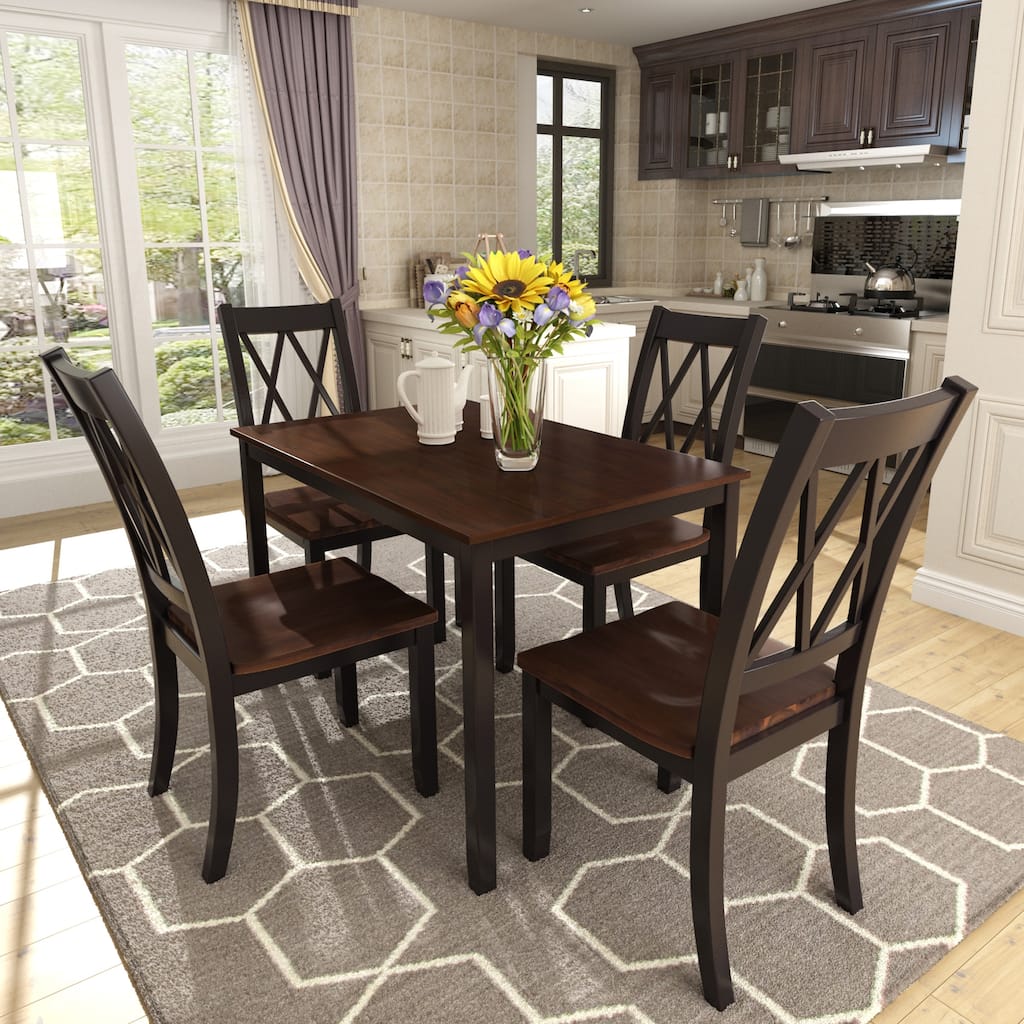 Roomfitters 5-Piece Dining Table Set, Rectangular Wood Kitchen Table and 4 X-back Chairs, Transitional Style