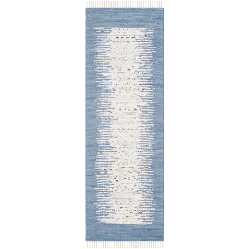 SAFAVIEH Handmade Flatweave Montauk Sidney Cotton Rug - 2'3" x 8' Runner - Ivory/Dark Blue