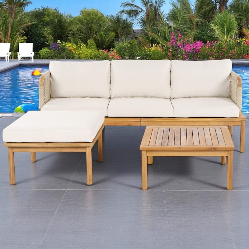 3-Piece Acacia Wood Outdoor Patio Furniture Set, Water-Repellent Cushions, Sofa, Ottoman & Table for Garden, Balcony, or Porch