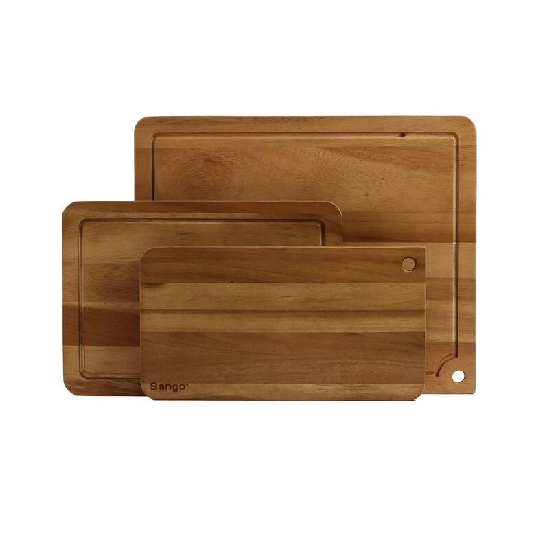 Sango Atelier Acacia Wood 3-Piece Cutting Board Set with Straight Edge & Handles - Kitchen Chopping Boards for Meat & Vegetables