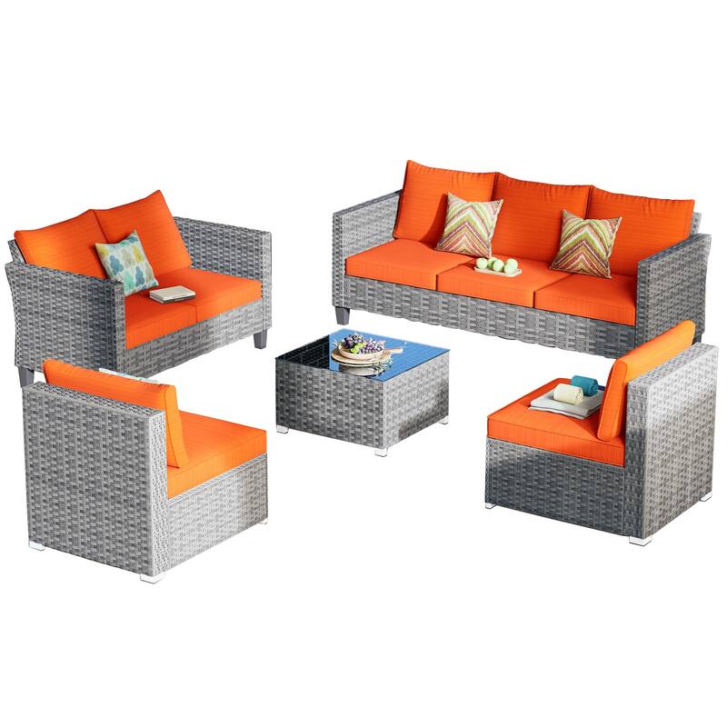 OVIOS 5-Piece Deep Seat Wicker Outdoor Patio Furniture Set