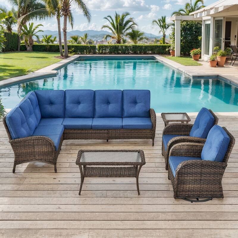 Outdoor Sectional Sofa with Cushion Funiture Set - Brwon Wicker Blue Cushion - 6PCS Sectional Sofa w/ Swivel Chair