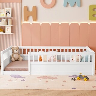 Twin Safety Toddler Floor Bed Concise Fence Bed with Guardrails
