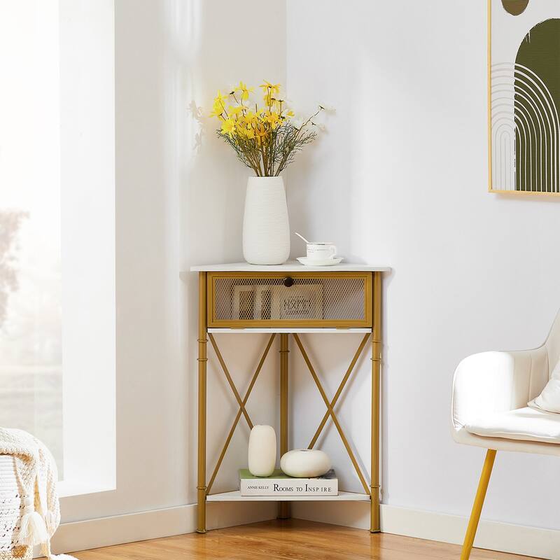 Javlergo Set of 2 Triangle Corner Side Table with Mesh Flip Top Storage Stable X-Frame Corner Table for Small Spaces