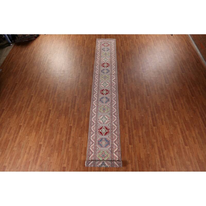 Traditional / Geometric Kazak Oriental Runner Rug Handmade Wool Carpet - 2'7" x 20'1"