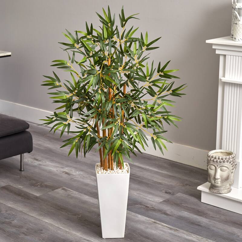 Bamboo Tree Artificial 4ft Indoor Plant in White Planter Home Decor - Green - 51-60 Inches