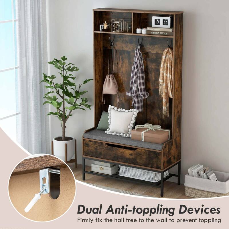 Costway 69" Tall Hall Tree with Seat Cushion Open Compartments Hooks - See Details