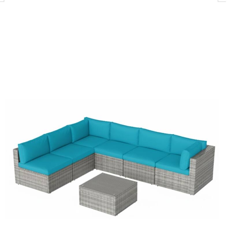 7-Piece Wicker Patio Set with Light Blue Cushions and Glass Coffee Table