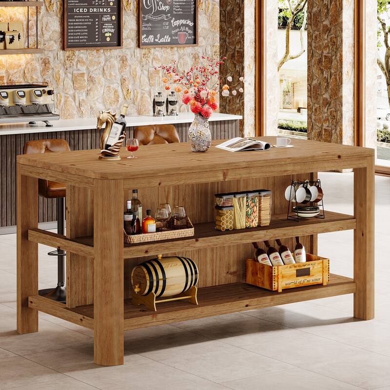 63'' Solid Wood Bar Table, Counter Height Pub Table with Storage Shelves