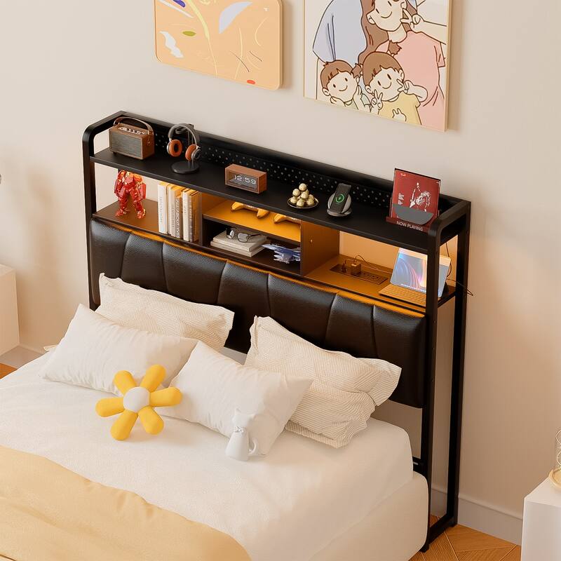 Upholstered Headboard with Pegboard and Charging Station, Storage Headboard Shelves and LED Light - Black - Full