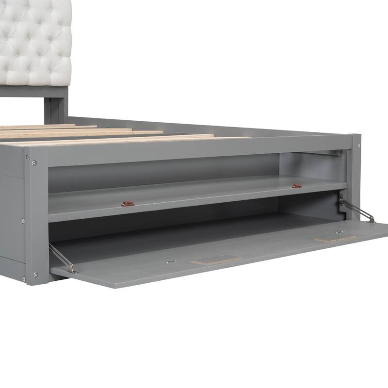 Queen Size Wood Platform Bed with Storage Headboard, Storage Shelves and 2 Drawers