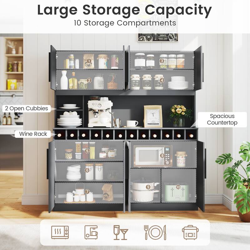 Gymax 63'' Wide Kitchen Buffet Hutch w/4 Cabinets 2 Open Shelves &