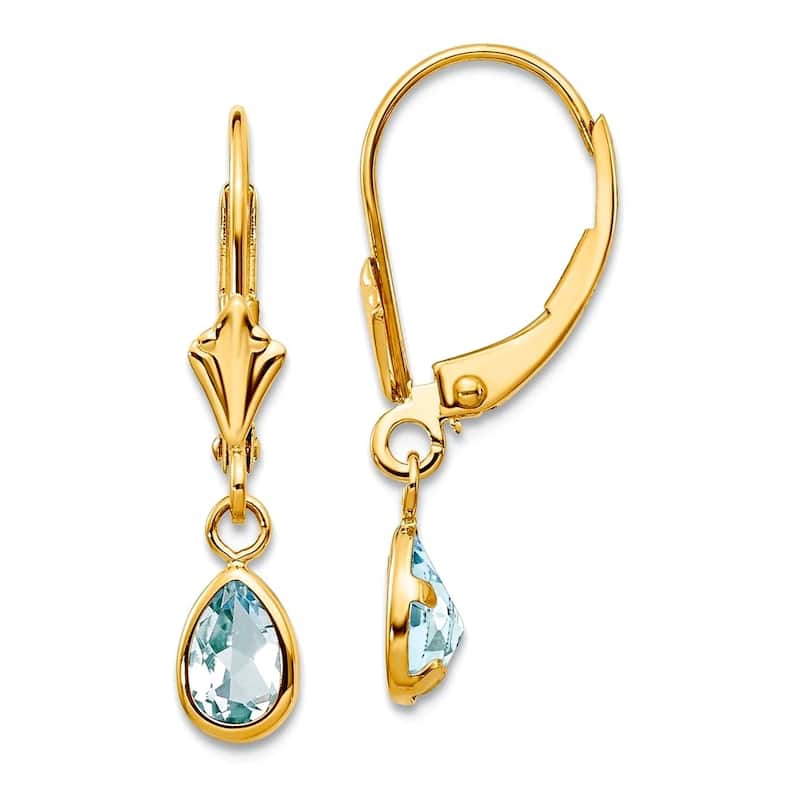 Curata 14k Yellow Gold Bezel 4x6mm Pear Gemstone Birthstone Leverback Earrings - 23x4mm - Aquamarine