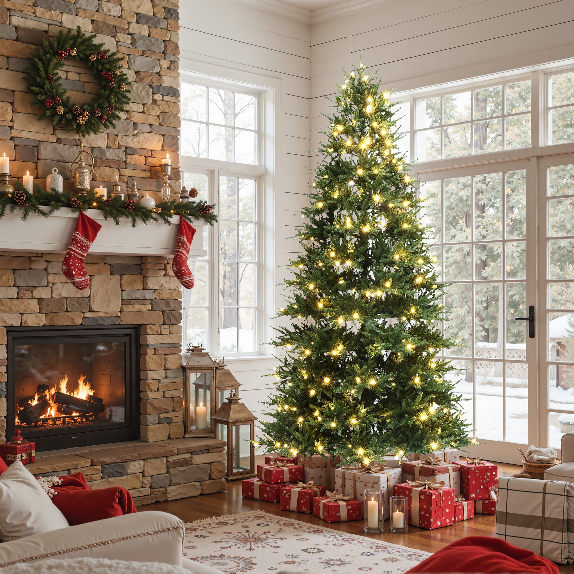 6.5Ft Pre-Lit Green PE Branches Artificial Fir Christmas Tree with Metal Stand - 78" H x 44.4" Diameter