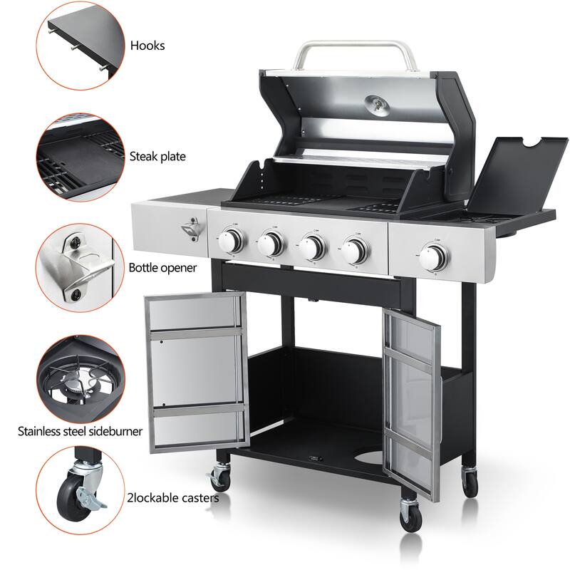 46790BTU Output 4 Burner Propane Gas BBQ Grill with Side Burner