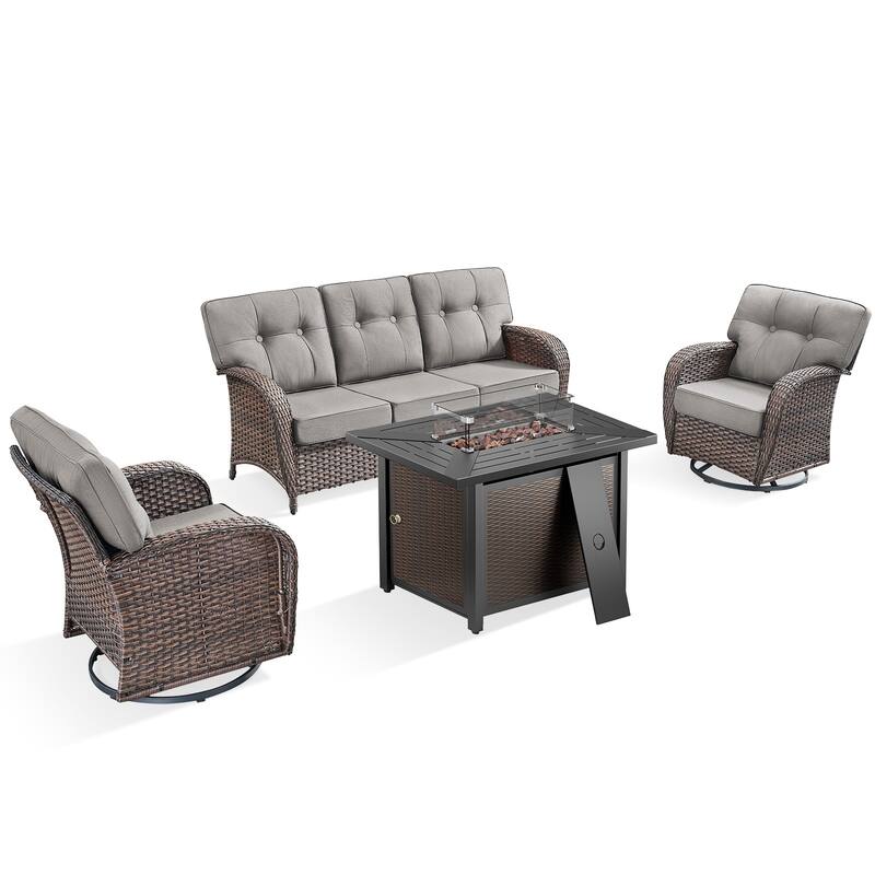 Pocassy Outdoor 43 In Fire Table with Sofa Swivel Chair Set