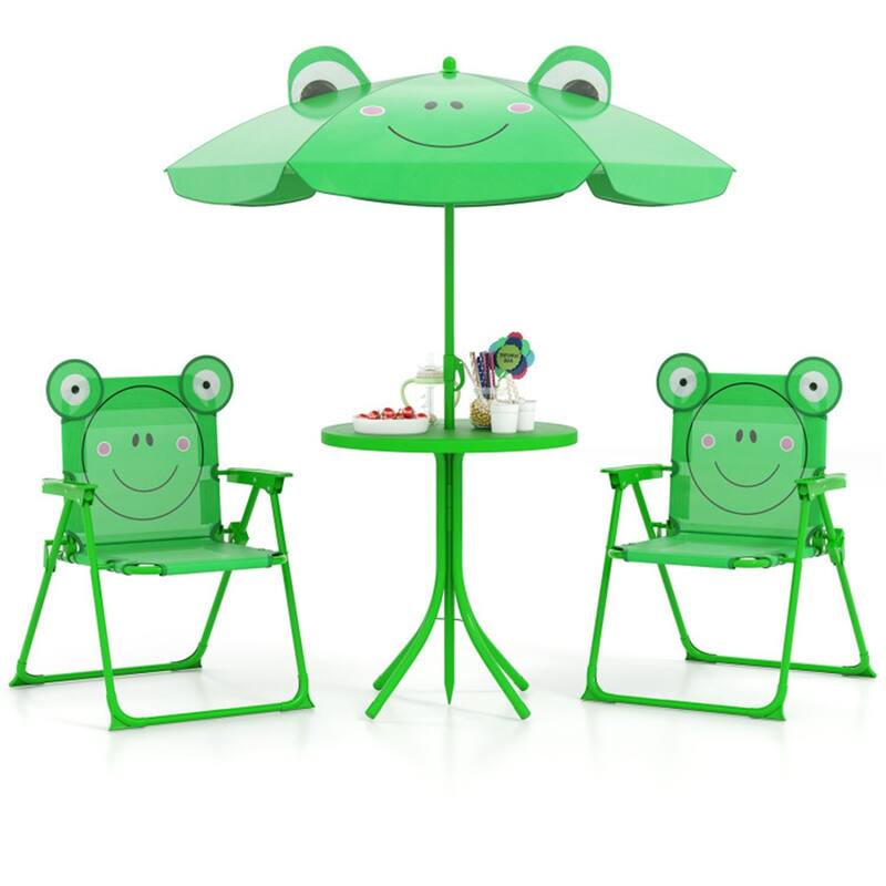 Kids Outdoor Picnic Table and Chair Set with Adjustable Umbrella Lion Pattern Foldable Table and Chairs for Ages 2-5 - D3