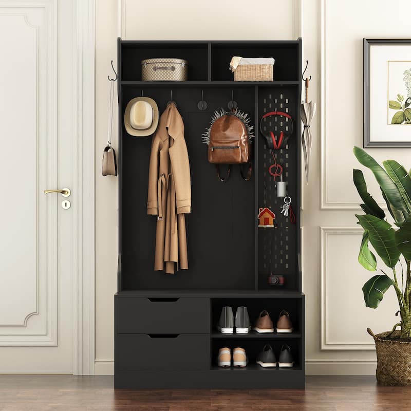 Roomfitters Hall Tree with 6 Hooks & Pegboard, Entryway Bench with Shoe Storage Organizer, Modern Coat Rack & Drawers, Black