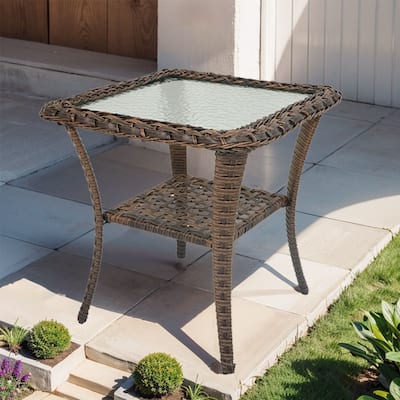 Patio Wicker Coffee Table with Storage -Brown