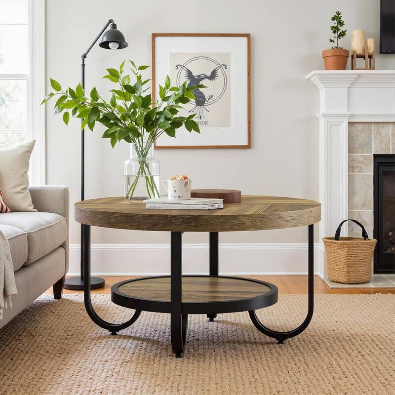 2-Tier Industrial Center Table for Living Room, 31.1 Inches Brown MDF Round Coffee Table