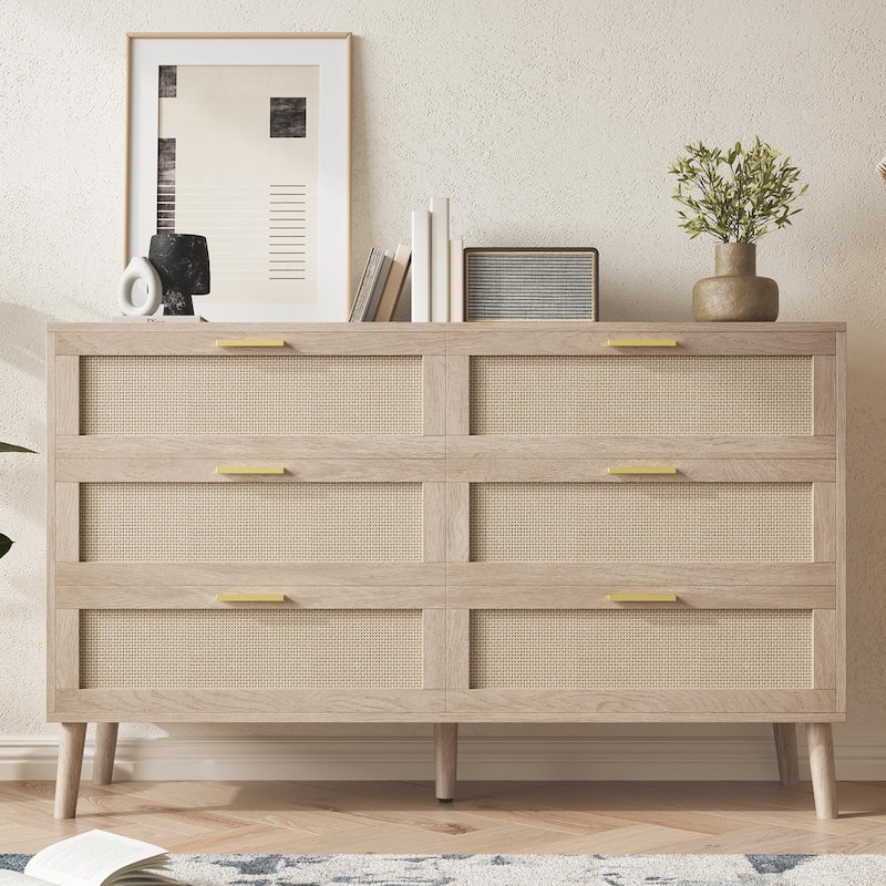 6/8 Drawer Dresser for Bedroom, Natural Rattan Dresser with Metal Handles, Farmhouse Chest of Drawer - 6-drawer