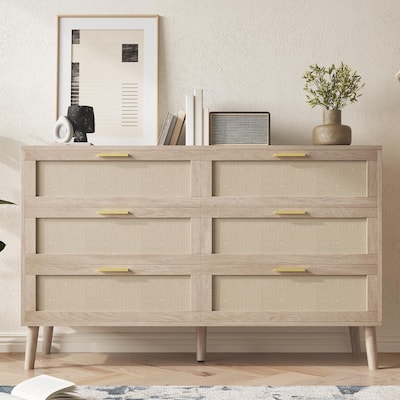 6/8 Drawer Dresser for Bedroom, Natural Rattan Dresser with Metal Handles, Farmhouse Chest of Drawer