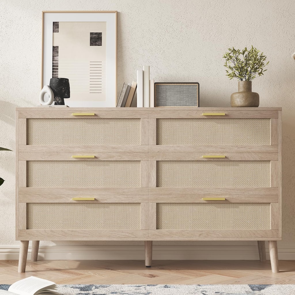 6/8 Drawer Dresser for Bedroom, Natural Rattan Dresser with Metal Handles, Farmhouse Chest of Drawer