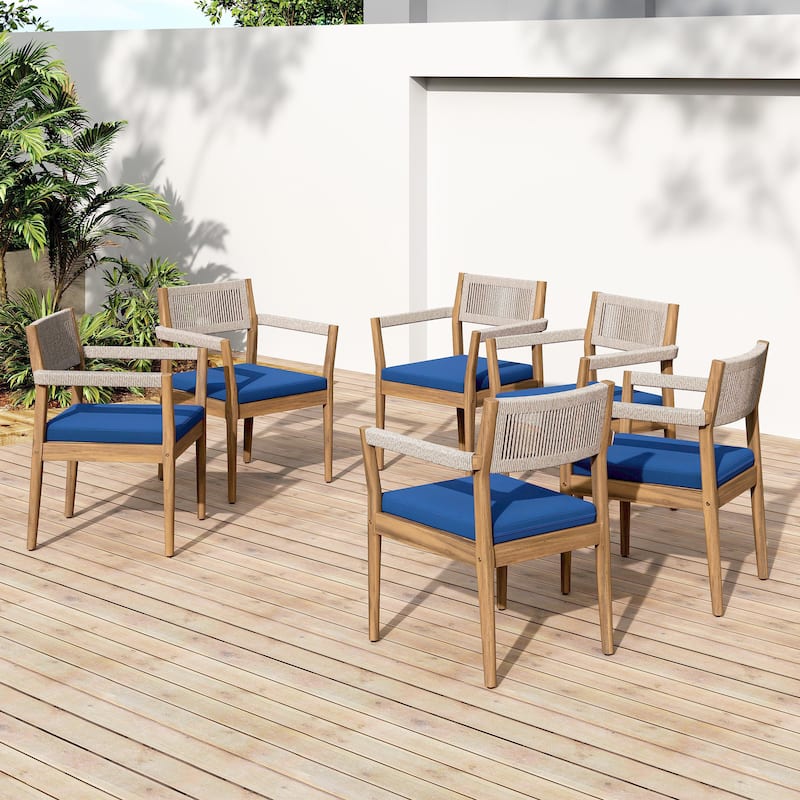 Braided Acacia Wood Outdoor Dining Table and Chairs Set of 6, All-Weather Patio Furniture for Garden, Poolside, and Backyard