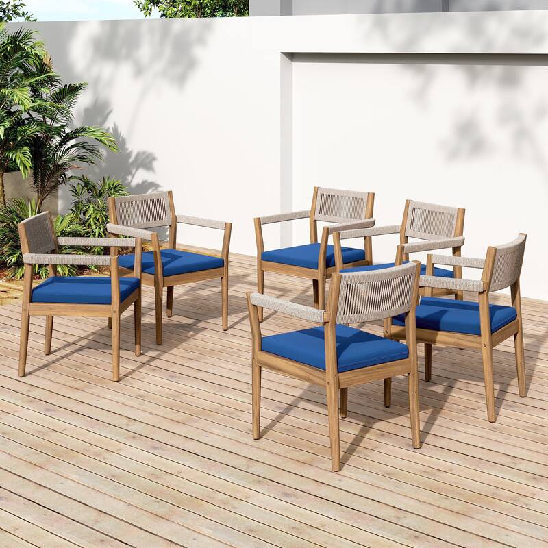 Roomfitters Outdoor Braided Acacia Wood Dining Chairs with Beige Rope Weave and Water-Resistant Cushions, Navy