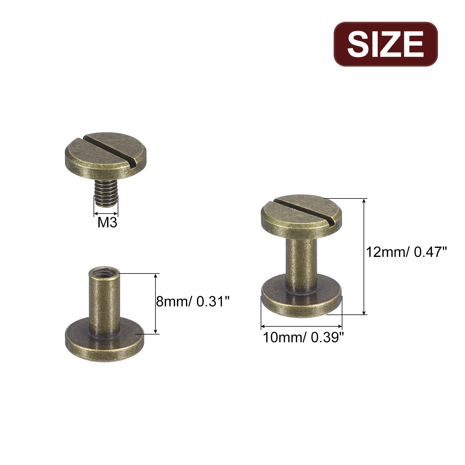Brass Chicago Screws, Flat Head Screw Back Binding Post Nail Stud Rivets for DIY Leather Craft Belt