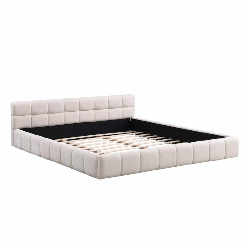 Elegant Beige Chenille Upholstered Bed with Checkerboard Pattern