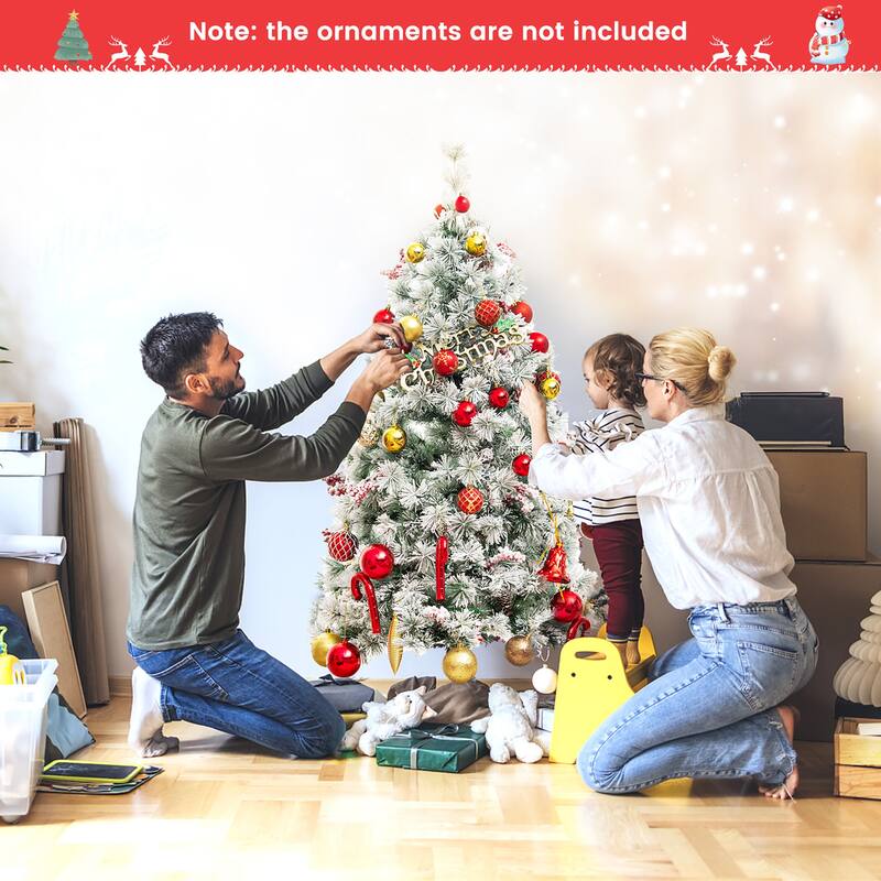 Gymax 4.5 FT Pre-Lit Artificial Christmas Tree Snow-Flocked Hinged