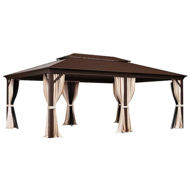 Outdoor Galvanized Steel Hardtop Patio Pergola with Aluminum Frame, Featuring Premium Curtains and Netting